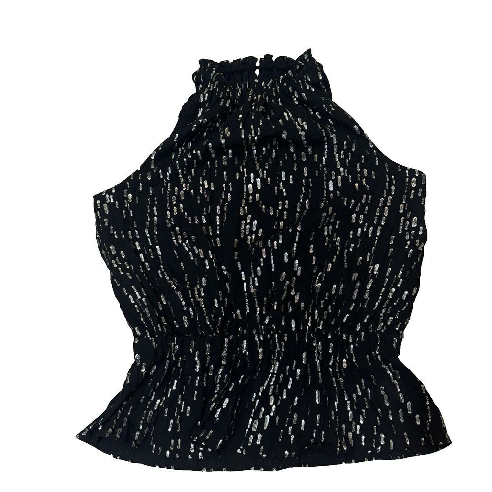 Ramy Brook Kaylene Sleeveless Top Black‎ Metallic Gold Peplum High Neck Size M